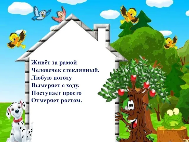 Живёт за рамой Человечек стеклянный. Любую погоду Вымеряет с ходу. Поступает просто Отмеряет ростом.