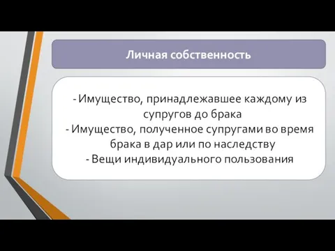 Личная собственность Имущество, принадлежавшее каждому из супругов до брака Имущество, полученное