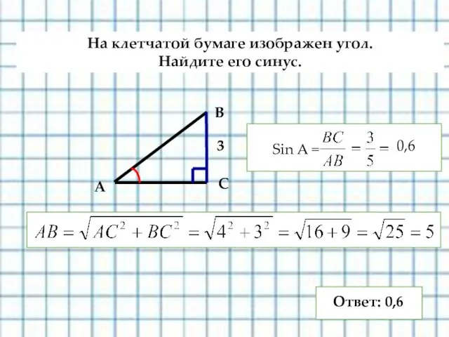 На клетчатой бумаге изображен угол. Найдите его синус. А В С 3