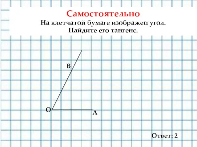 Самостоятельно На клетчатой бумаге изображен угол. Найдите его тангенс. Ответ: 2