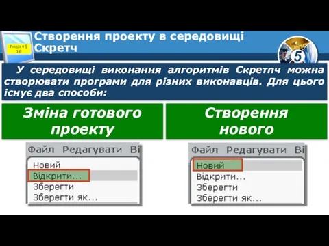 Створення проекту в середовищі Скретч У середовищі виконання алгоритмів Скретпч можна