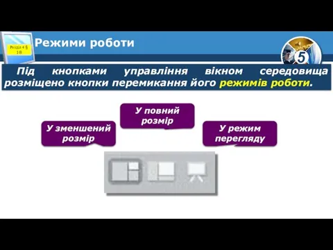 Режими роботи Під кнопками управління вікном середовища розміщено кнопки перемикання його