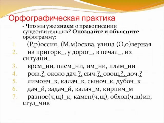 Орфографическая практика - Что мы уже знаем о правописании существительных? Опознайте