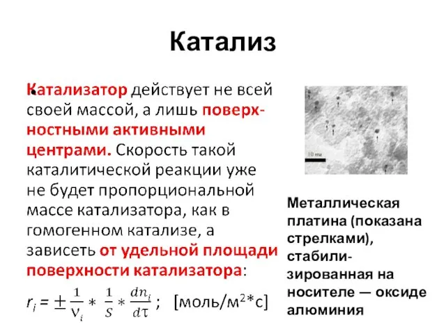 Катализ Металлическая платина (показана стрелками), стабили-зированная на носителе — оксиде алюминия