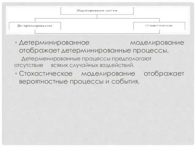 Детерминированное моделирование отображает детерминированные процессы. Детерменированные процессы предполагают отсутствие всяких случайных