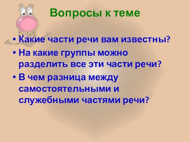 Вопросы к теме Какие части речи вам известны? На какие группы