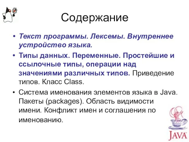 Содержание Текст программы. Лексемы. Внутреннее устройство языка. Типы данных. Переменные. Простейшие