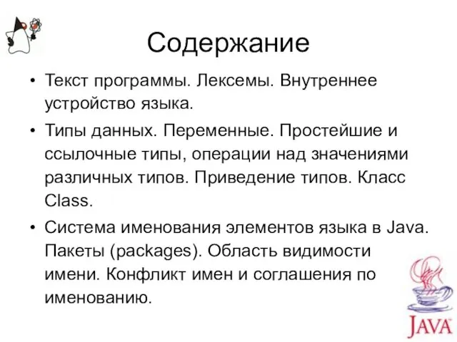 Содержание Текст программы. Лексемы. Внутреннее устройство языка. Типы данных. Переменные. Простейшие