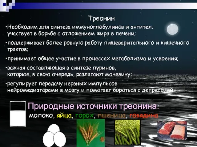 Треонин Необходим для синтеза иммуноглобулинов и антител. участвует в борьбе с