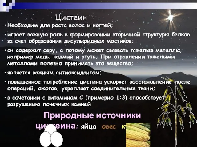 Цистеин Необходим для роста волос и ногтей; играет важную роль в