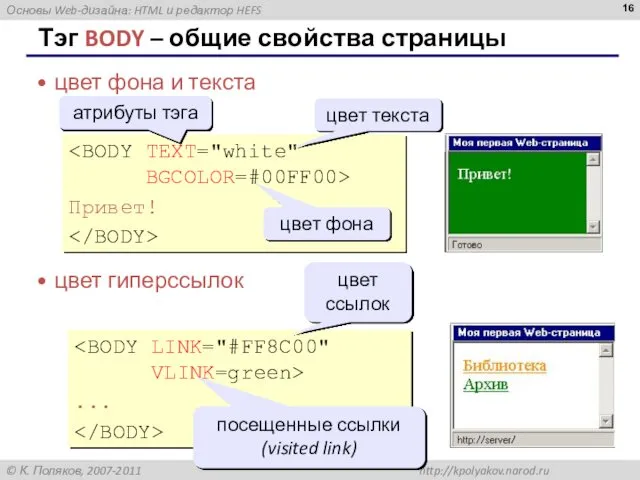 Тэг BODY – общие свойства страницы цвет фона и текста цвет