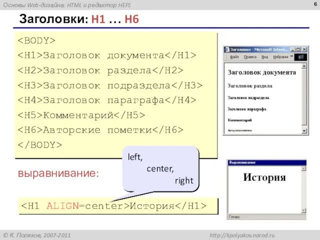 Заголовки: H1 … H6 Заголовок документа Заголовок раздела Заголовок подраздела Заголовок