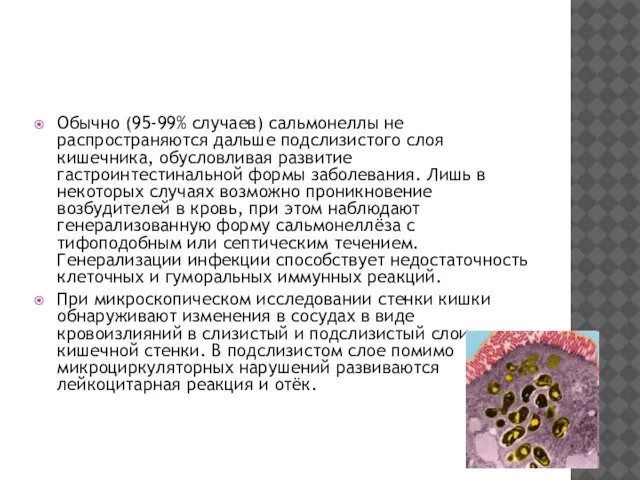 Обычно (95-99% случаев) сальмонеллы не распространяются дальше подслизистого слоя кишечника, обусловливая