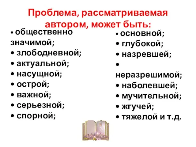 Проблема, рассматриваемая автором, может быть: • общественно значимой; • злободневной; •