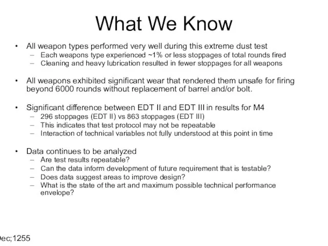 14 Dec;1255 What We Know All weapon types performed very well