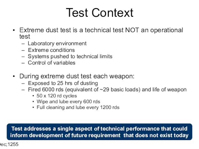 14 Dec;1255 Test Context Extreme dust test is a technical test