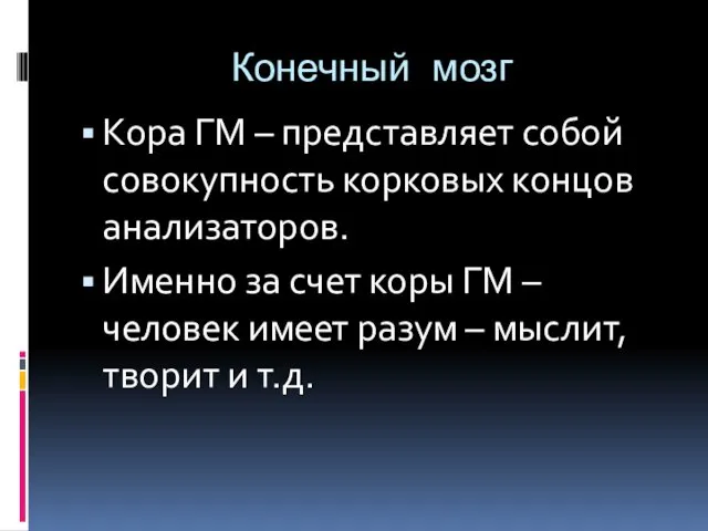 Конечный мозг Кора ГМ – представляет собой совокупность корковых концов анализаторов.