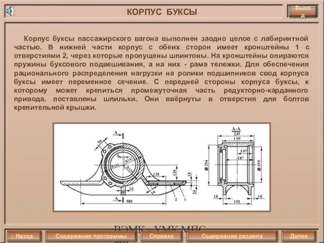 ВЭМК - УМК МПС РФ Корпус буксы пассажирского вагона выполнен заодно