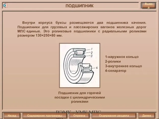 ВЭМК - УМК МПС РФ Внутри корпуса буксы размещаются два подшипника