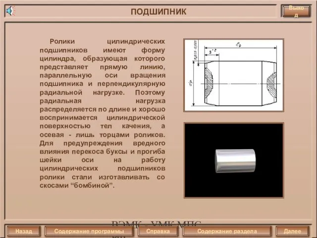 ВЭМК - УМК МПС РФ Ролики цилиндрических подшипников имеют форму цилиндра,