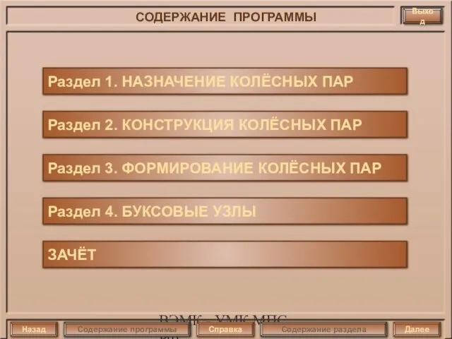 ВЭМК - УМК МПС РФ Назад Далее Справка Содержание программы Выход