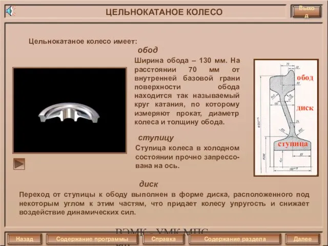ВЭМК - УМК МПС РФ Цельнокатаное колесо имеет: Ширина обода –