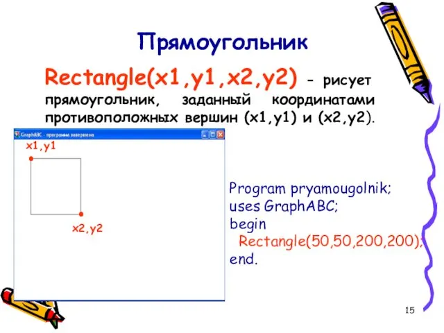 Прямоугольник Rectangle(x1,y1,x2,y2) - рисует прямоугольник, заданный координатами противоположных вершин (x1,y1) и