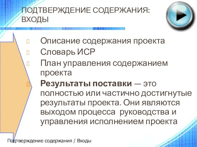 ПОДТВЕРЖДЕНИЕ СОДЕРЖАНИЯ: ВХОДЫ Описание содержания проекта Словарь ИСР План управления содержанием