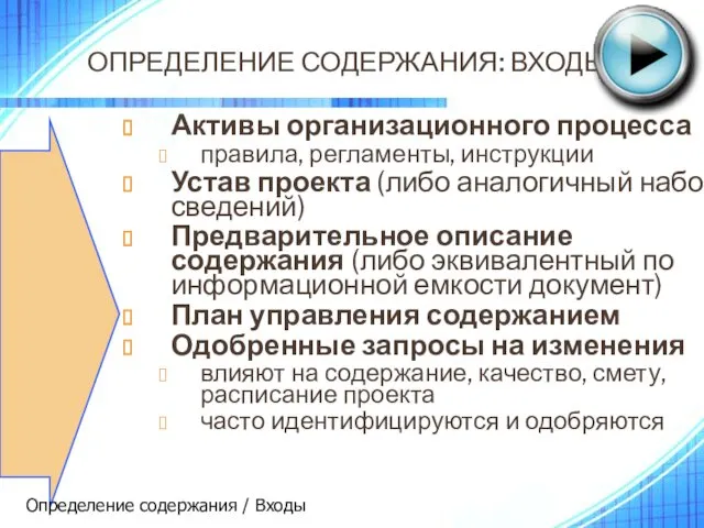 ОПРЕДЕЛЕНИЕ СОДЕРЖАНИЯ: ВХОДЫ Активы организационного процесса правила, регламенты, инструкции Устав проекта