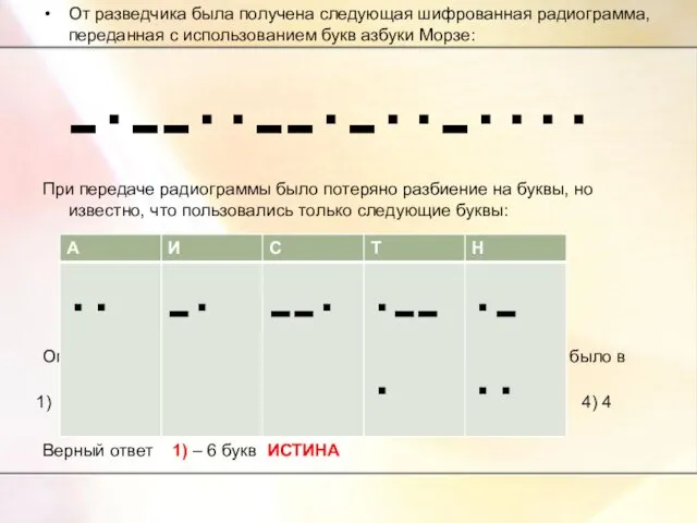 От разведчика была получена следующая шифрованная радиограмма, переданная с использованием букв