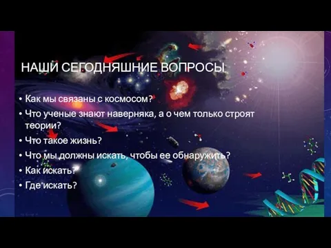 НАШИ СЕГОДНЯШНИЕ ВОПРОСЫ Как мы связаны с космосом? Что ученые знают