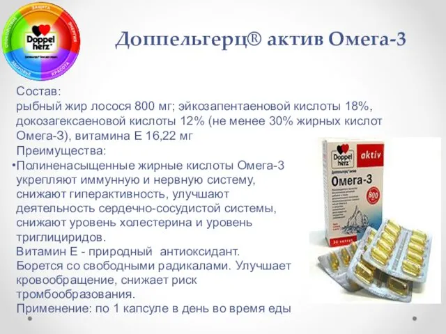 Доппельгерц® актив Омега-3 Состав: рыбный жир лосося 800 мг; эйкозапентаеновой кислоты