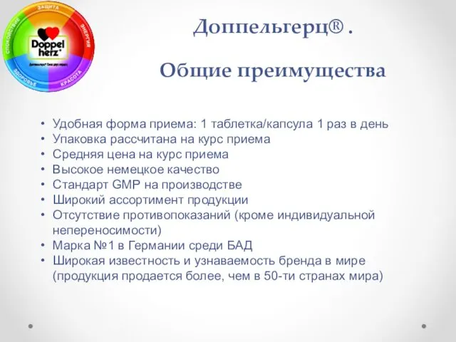 Доппельгерц® . Общие преимущества Удобная форма приема: 1 таблетка/капсула 1 раз