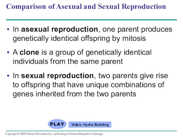 Comparison of Asexual and Sexual Reproduction In asexual reproduction, one parent