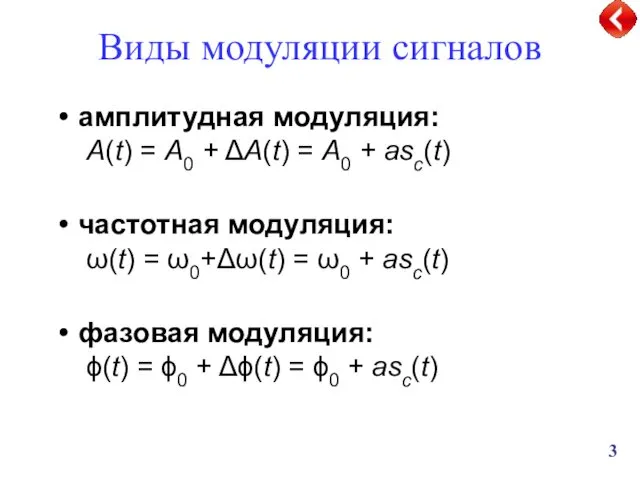 Виды модуляции сигналов амплитудная модуляция: A(t) = A0 + ΔA(t) =