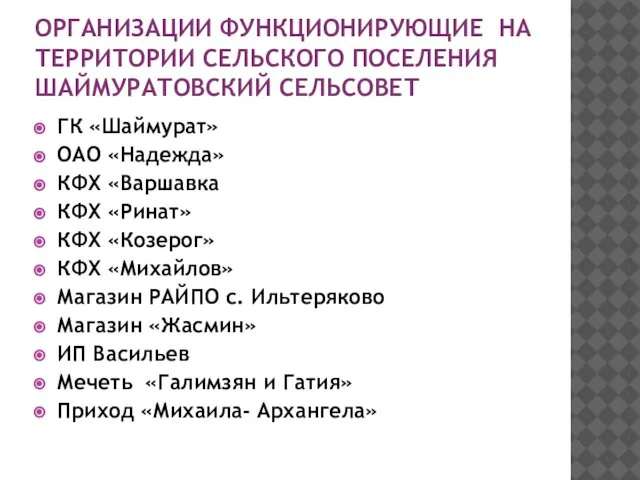 ОРГАНИЗАЦИИ ФУНКЦИОНИРУЮЩИЕ НА ТЕРРИТОРИИ СЕЛЬСКОГО ПОСЕЛЕНИЯ ШАЙМУРАТОВСКИЙ СЕЛЬСОВЕТ ГК «Шаймурат» ОАО