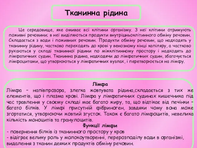 Тканинна рідина Це середовище, яке омиває всі клітини організму. З неї