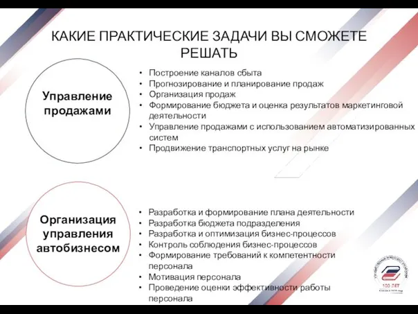 КАКИЕ ПРАКТИЧЕСКИЕ ЗАДАЧИ ВЫ СМОЖЕТЕ РЕШАТЬ Управление продажами Организация управления автобизнесом