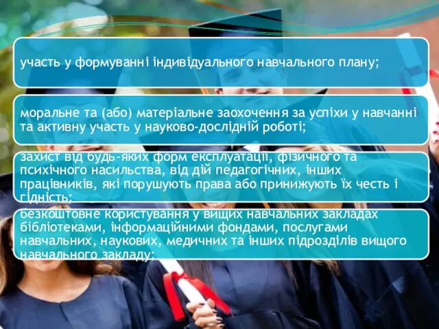 участь у формуванні індивідуального навчального плану; моральне та (або) матеріальне заохочення