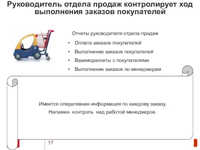 Руководитель отдела продаж контролирует ход выполнения заказов покупателей Отчеты руководителя отдела