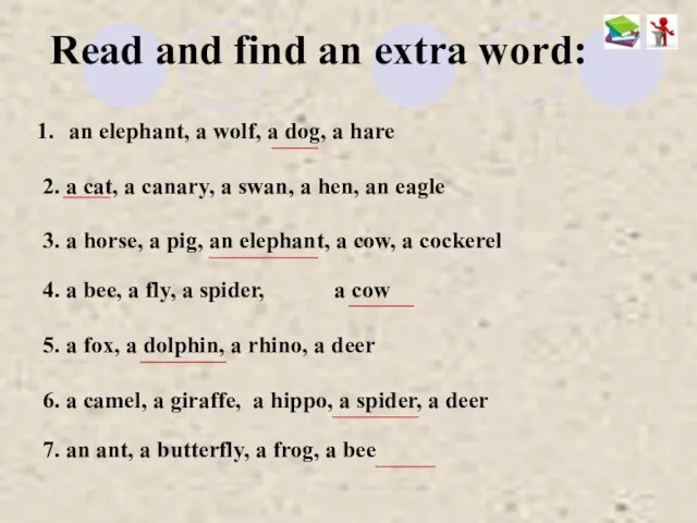 Read and find an extra word: an elephant, a wolf, a