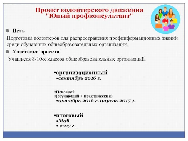 Проект волонтерского движения "Юный профконсультант" Цель Подготовка волонтеров для распространения профинформационных