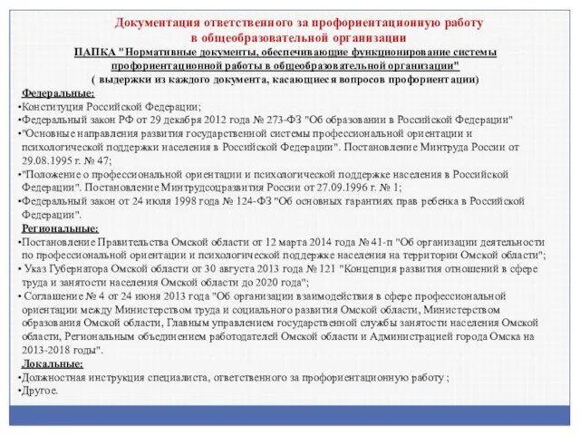 Документация ответственного за профориентационную работу в общеобразовательной организации ПАПКА "Нормативные документы,