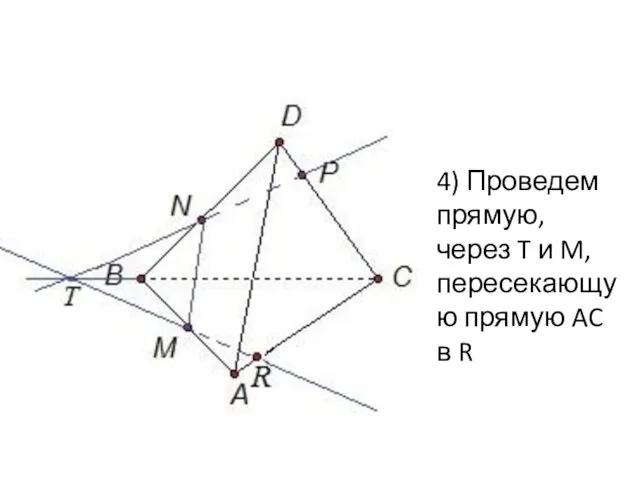 4) Проведем прямую, через T и M, пересекающую прямую AC в R