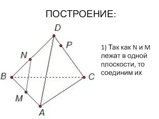 ПОСТРОЕНИЕ: 1) Так как N и M лежат в одной плоскости, то соединим их