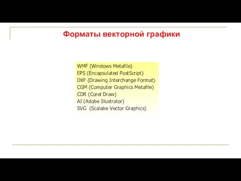 WMF (Windows Metafile) EPS (Encapsulated PostScript) DXF (Drawing Interchange Format) CGM