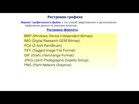 Растровая графика Формат графического файла – это способ представления и расположения