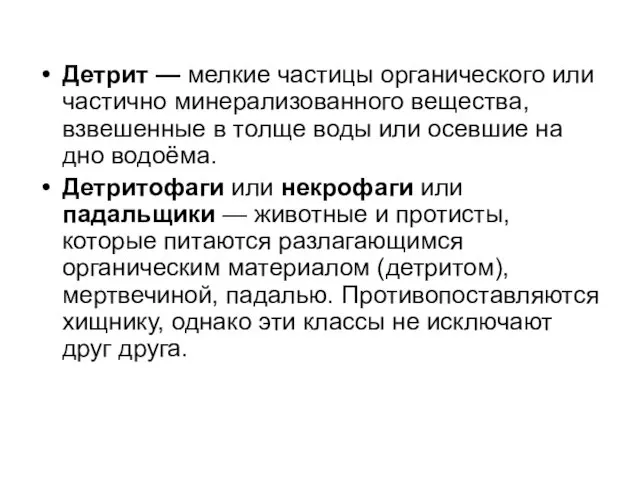 Детрит — мелкие частицы органического или частично минерализованного вещества, взвешенные в