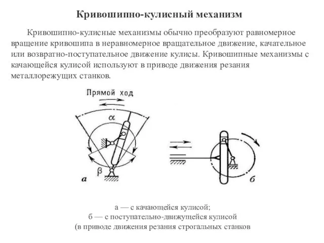 Кривошипно-кулисный механизм Кривошипно-кулисные механизмы обычно преобразуют равномерное вращение кривошипа в неравномерное