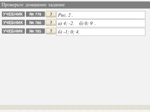 Проверьте домашнее задание ? а) 4; -2. б) 0; 9 .